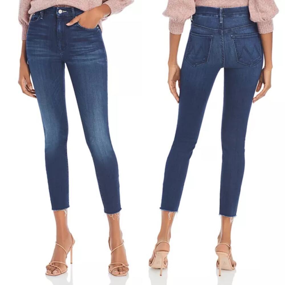Mother High Waisted Looker Ankle Fray Tongue & Chic Skinny Jeans Blue 29